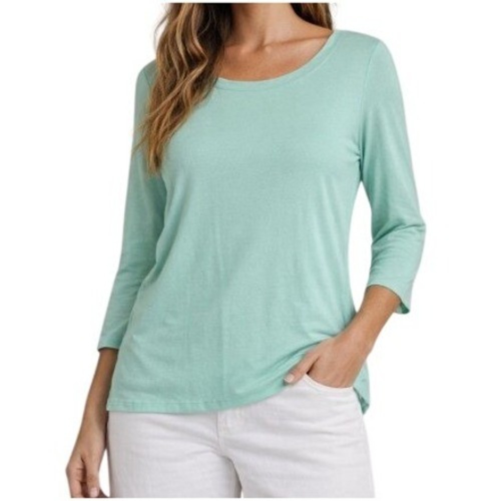 J. Jill Pima 3/4 Sleeve Scoop Neck Tee Womens L Petite Mist Green Casual Top